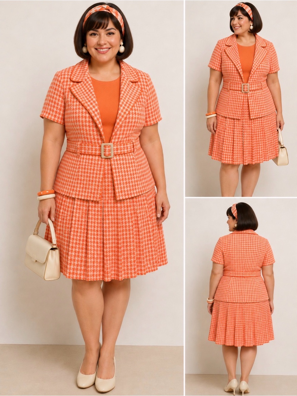 Vintage 60’s - mod style- Plus-Size Orange Houndstooth Pleated dress and jacket